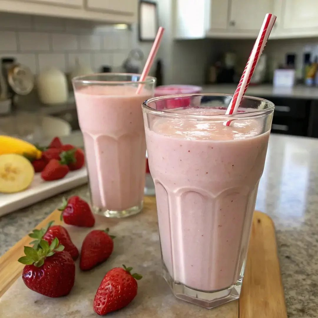 Two pink strawberry smoothies in glasses with straws and fresh strawberries on counter.