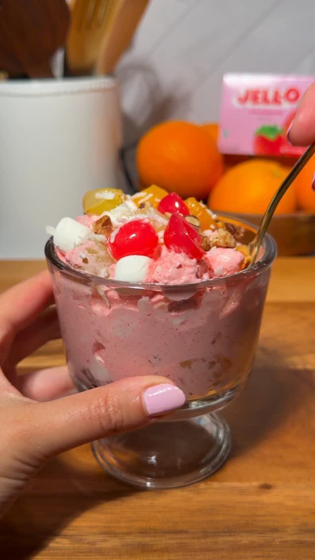 27 Easy Sweet Treats No Bake Ideas, From Fudge to Eton Mess 27 Pink creamy ambrosia salad with cherries and marshmallows in a small glass bowl