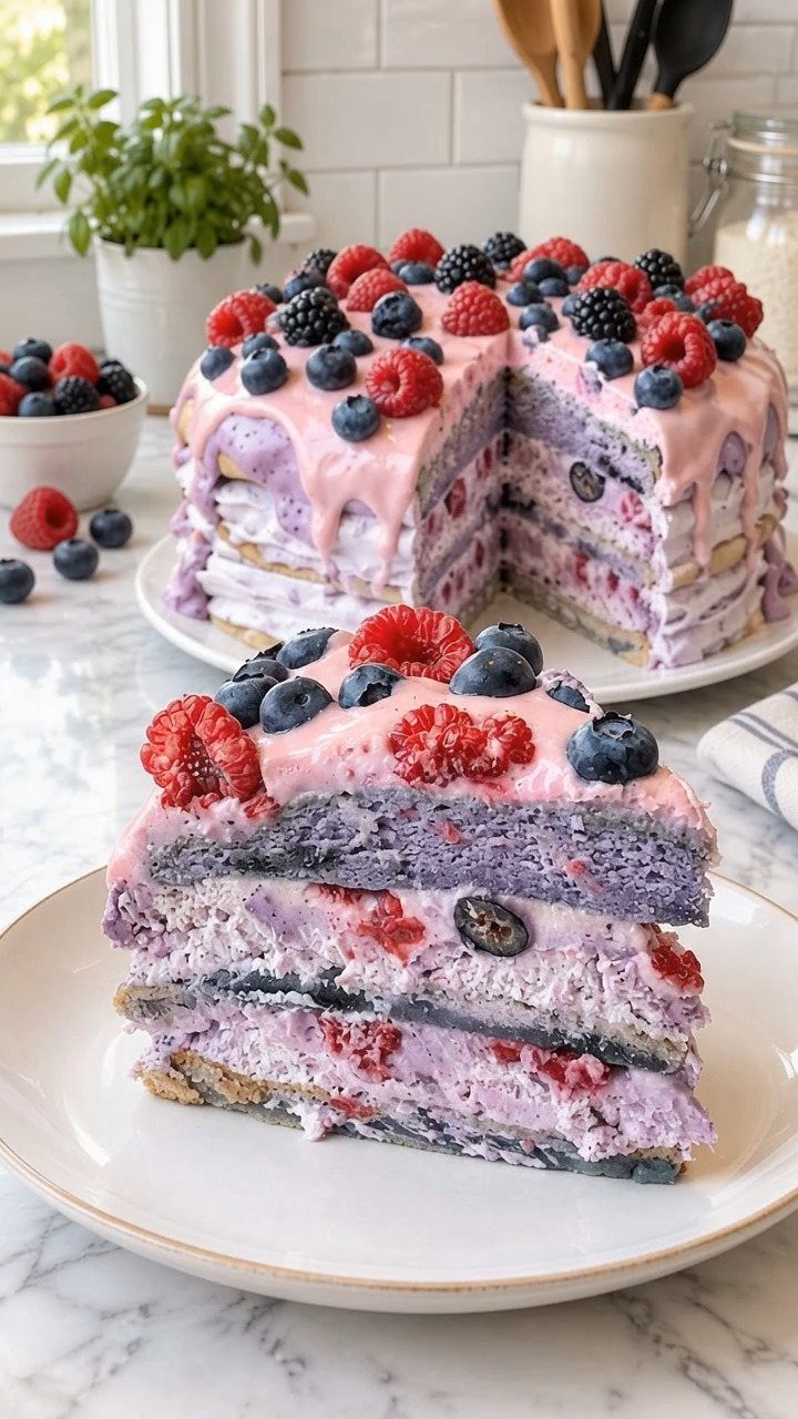 27 Easy Sweet Treats No Bake Ideas, From Fudge to Eton Mess 13 Layered berry icebox cake topped with fresh raspberries, blueberries, and blackberries.