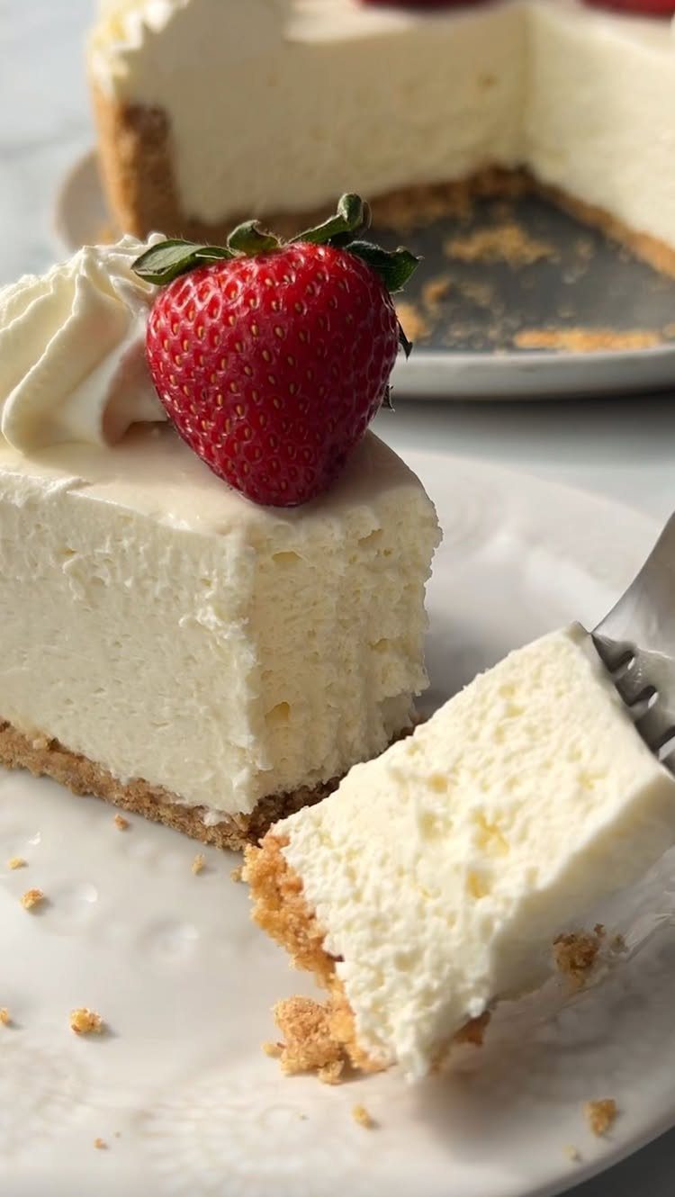27 Easy Sweet Treats No Bake Ideas, From Fudge to Eton Mess 16 Cheesecake slice with graham cracker crust, whipped cream, and a fresh strawberry topper.