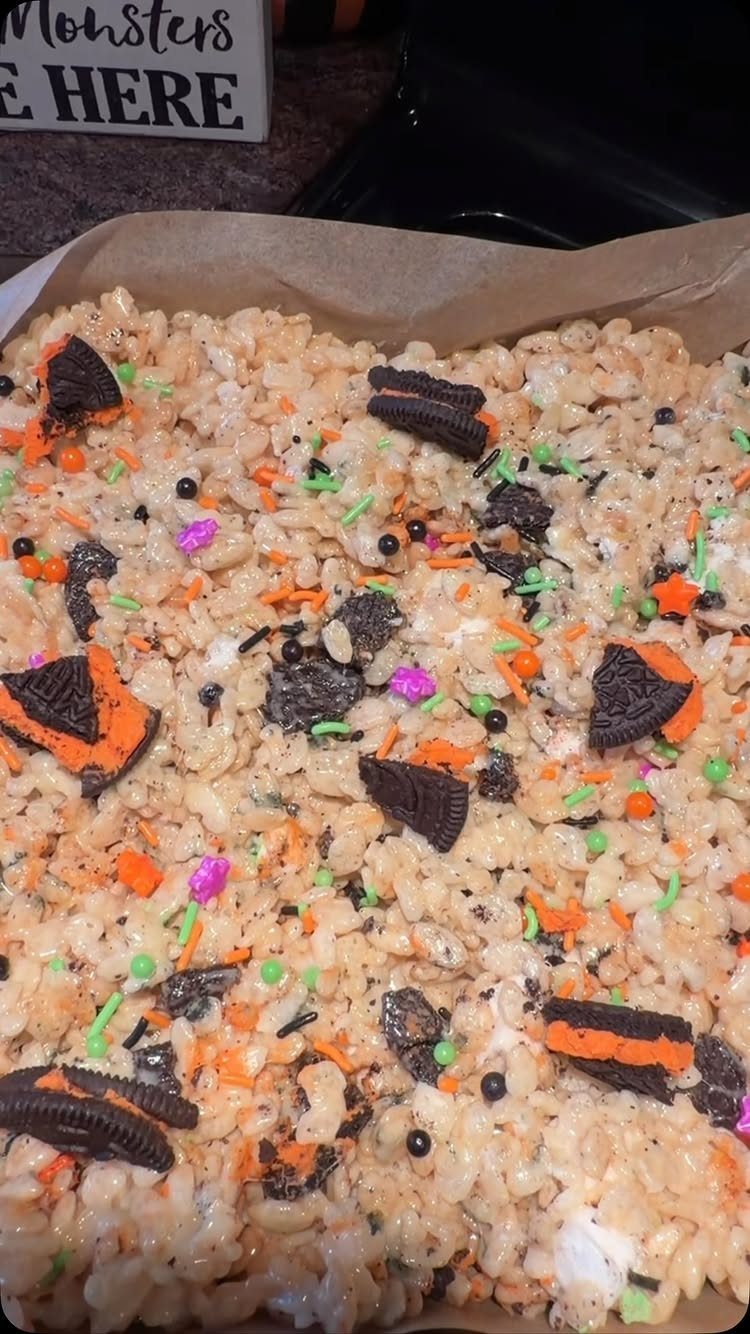 27 Easy Sweet Treats No Bake Ideas, From Fudge to Eton Mess 10 Rice Krispie treats topped with chocolate cookie pieces and colorful Halloween sprinkles.