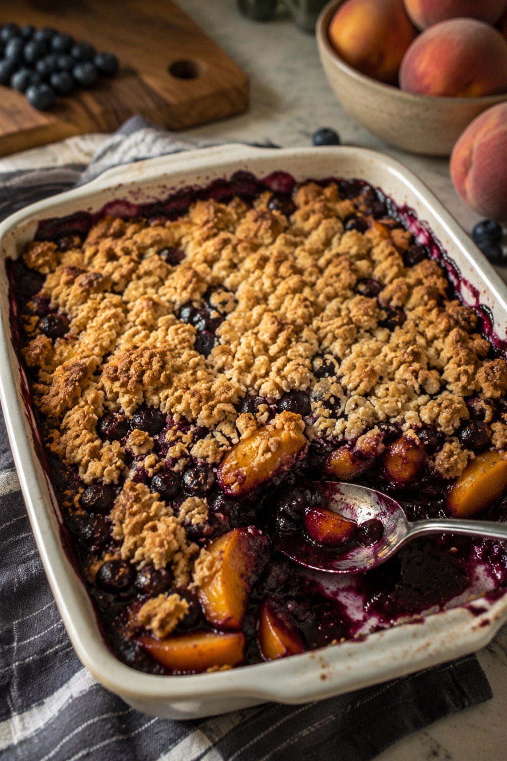 Blueberry peach crisp with golden crumble topping in a white baking dish.