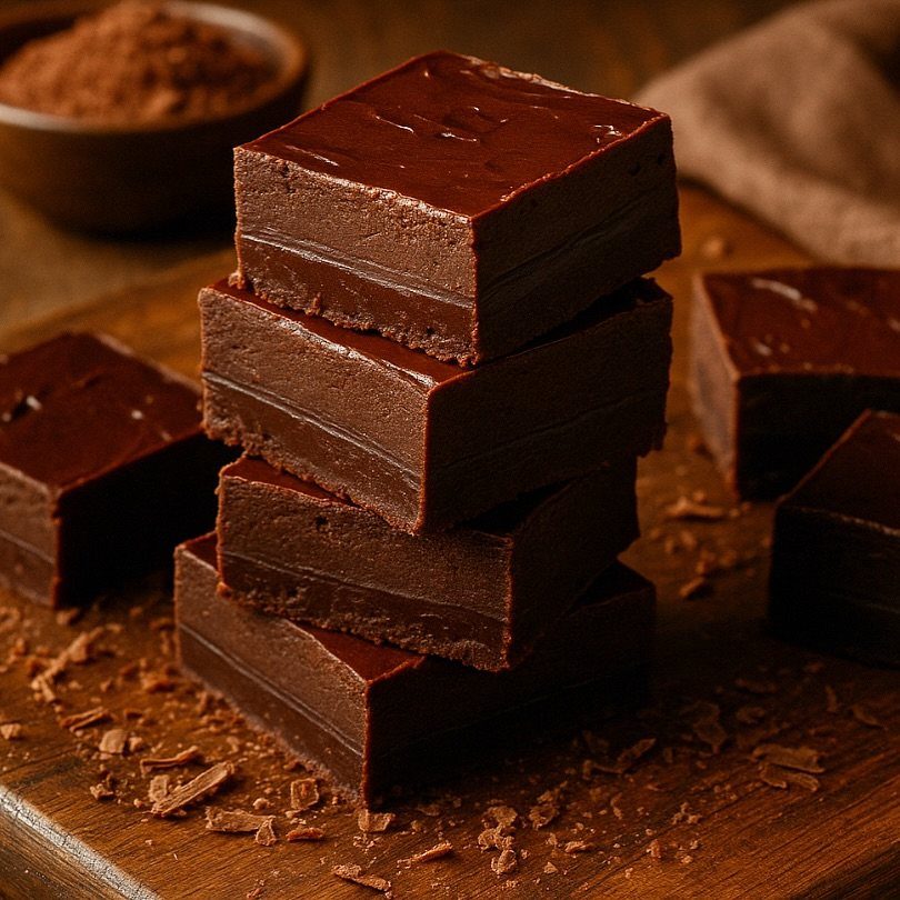 Stacked squares of dark chocolate fudge on a rustic wooden serving board.