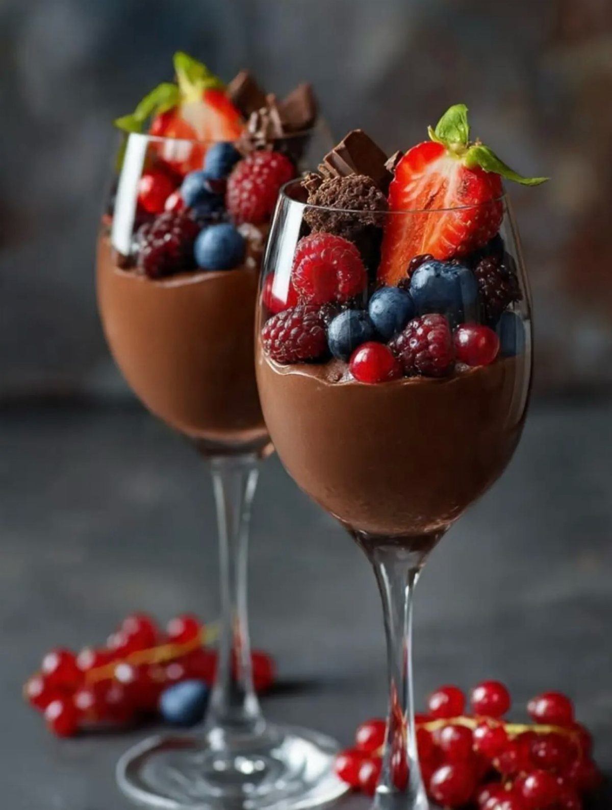 Chocolate mousse in glasses topped with fresh berries and chocolate shards.