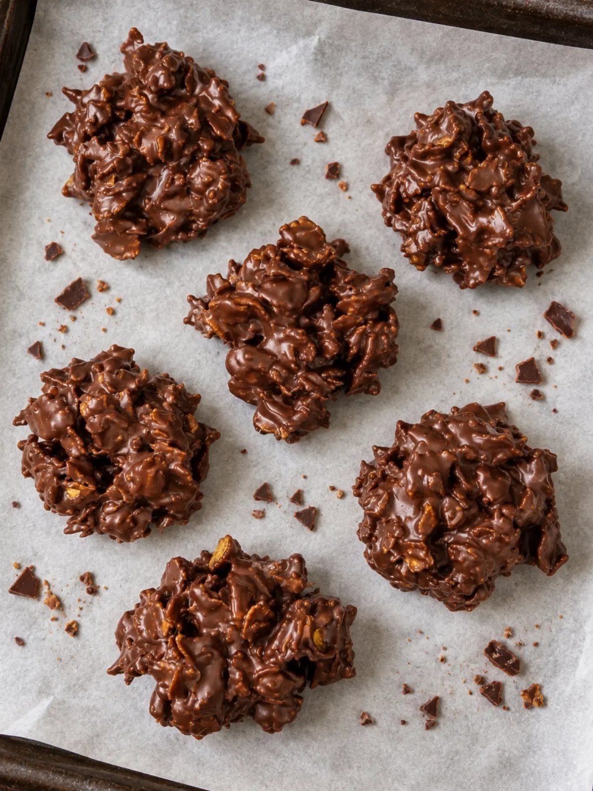 Chocolate cornflake crunch clusters on white parchment paper with scattered chocolate bits.