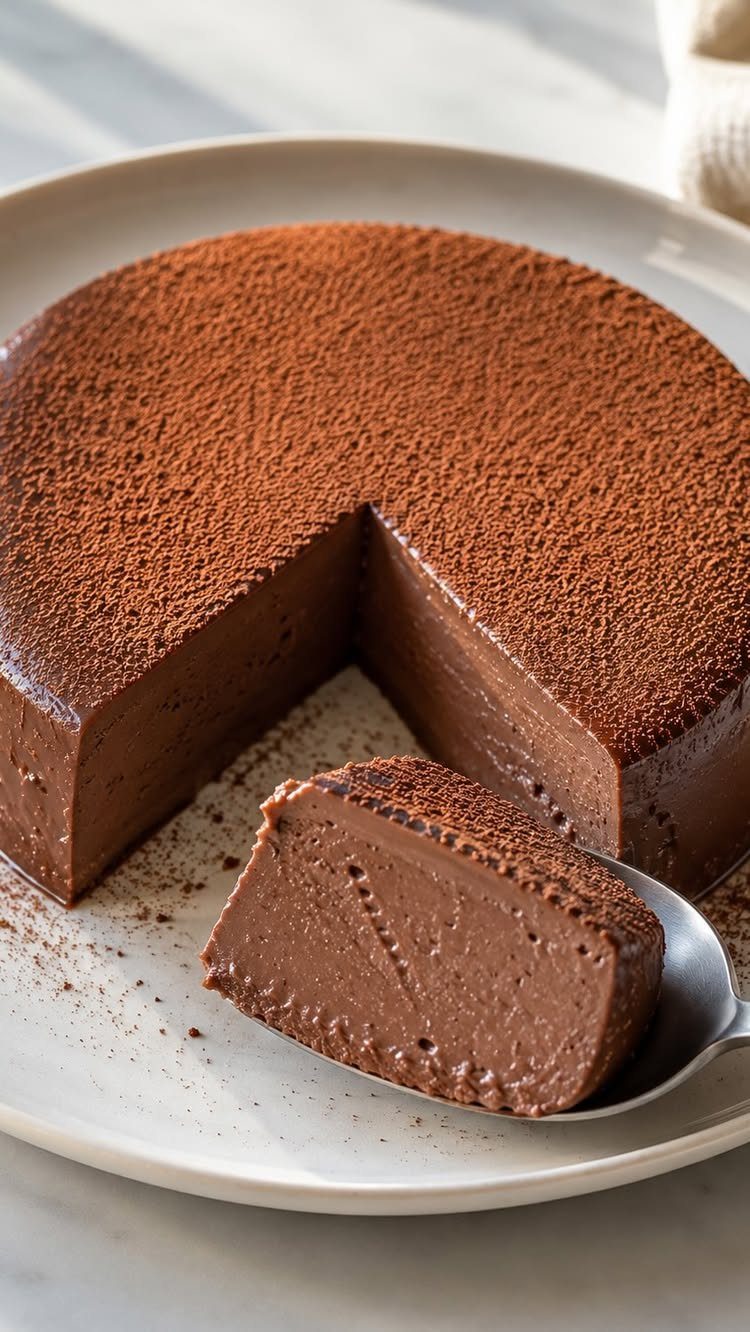Chocolate mousse cake dusted with cocoa powder on a white plate with one slice.