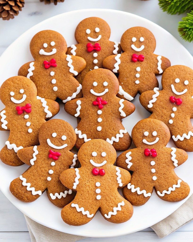 Gingerbread man cookies with white icing and red bow ties on a white plate.
