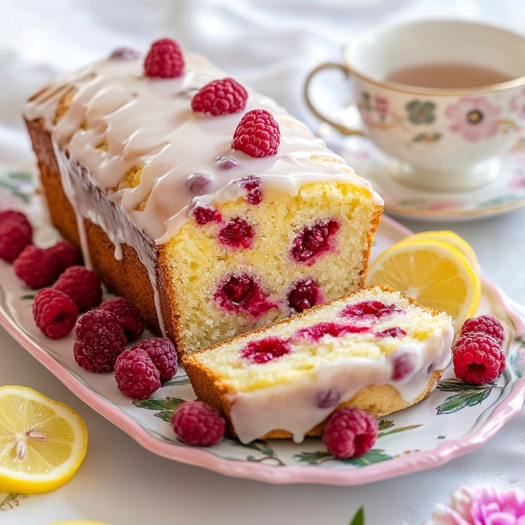 Lemon raspberry loaf cake with white glaze, fresh raspberries, and lemon slices on plate.