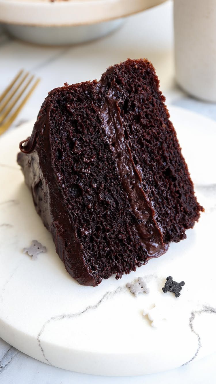 Slice of moist chocolate layer cake with rich frosting on a marble platter.