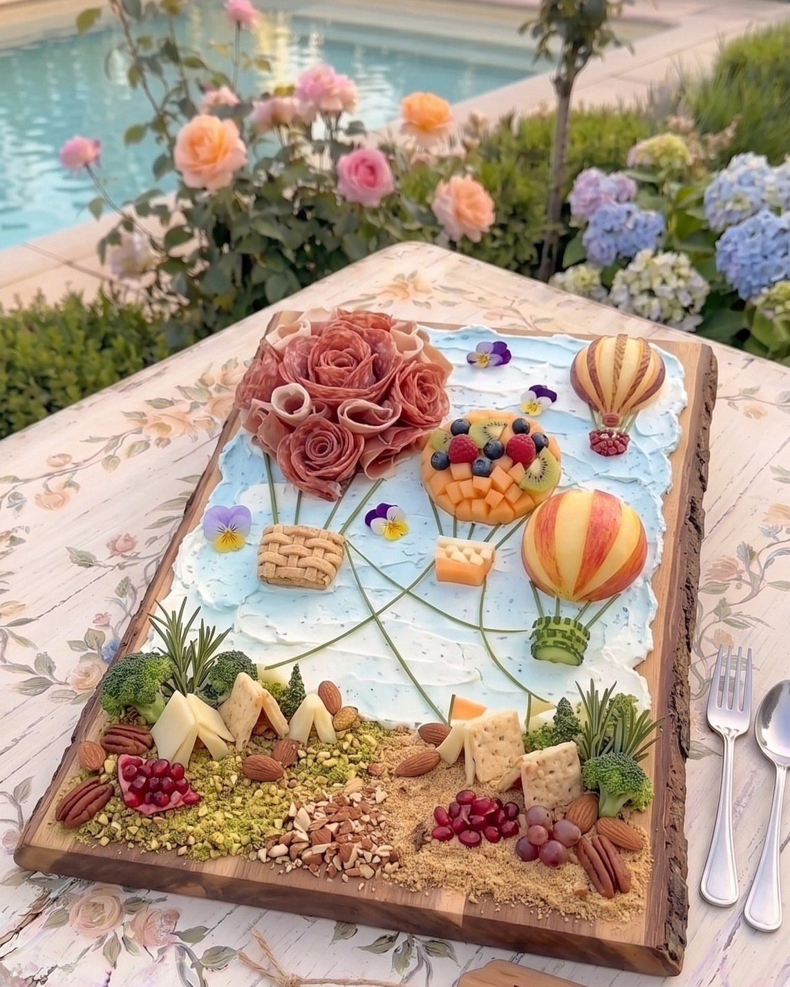 Charcuterie and fruit platter decorated with small purple and yellow edible flowers.