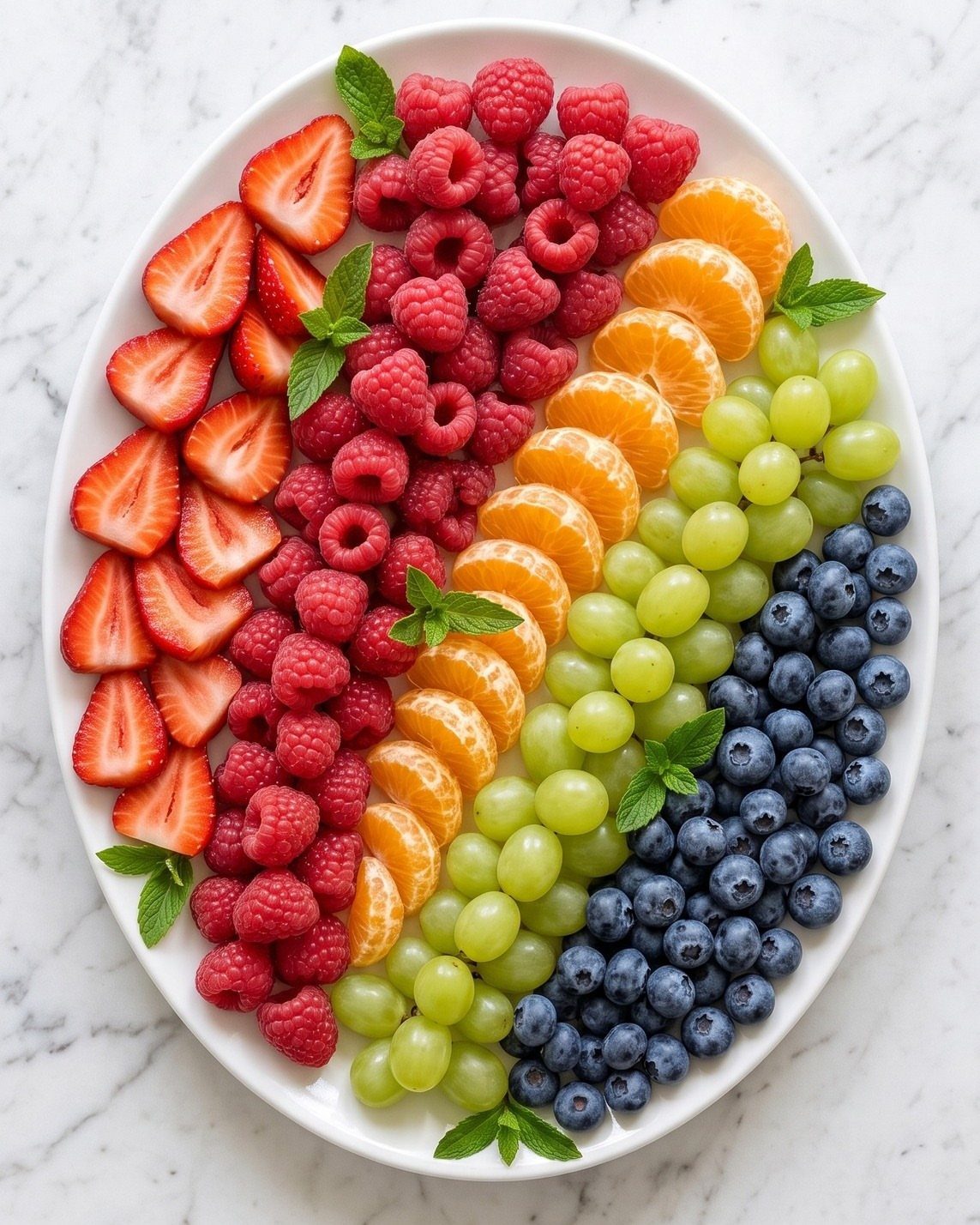 Fruit platter with rows of strawberries, raspberries, oranges, grapes, and blueberries on marble.