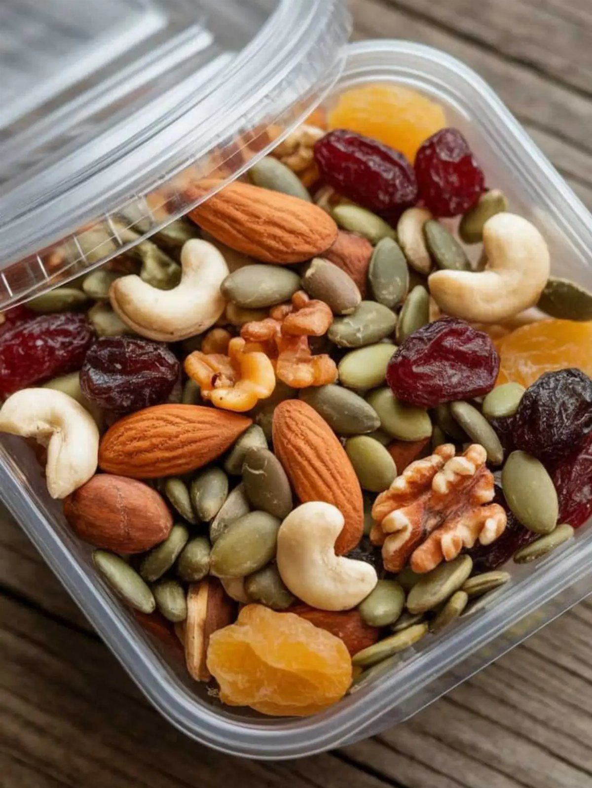 Mixed nuts and dried fruits in a clear plastic storage container on wood.