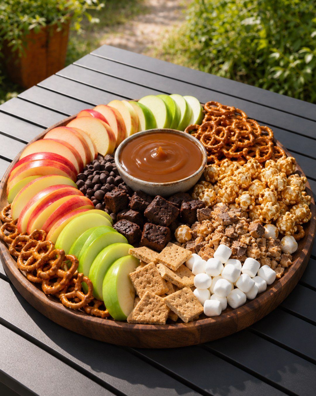 Wooden platter with apple slices, pretzels, brownies, and caramel dip on a table.