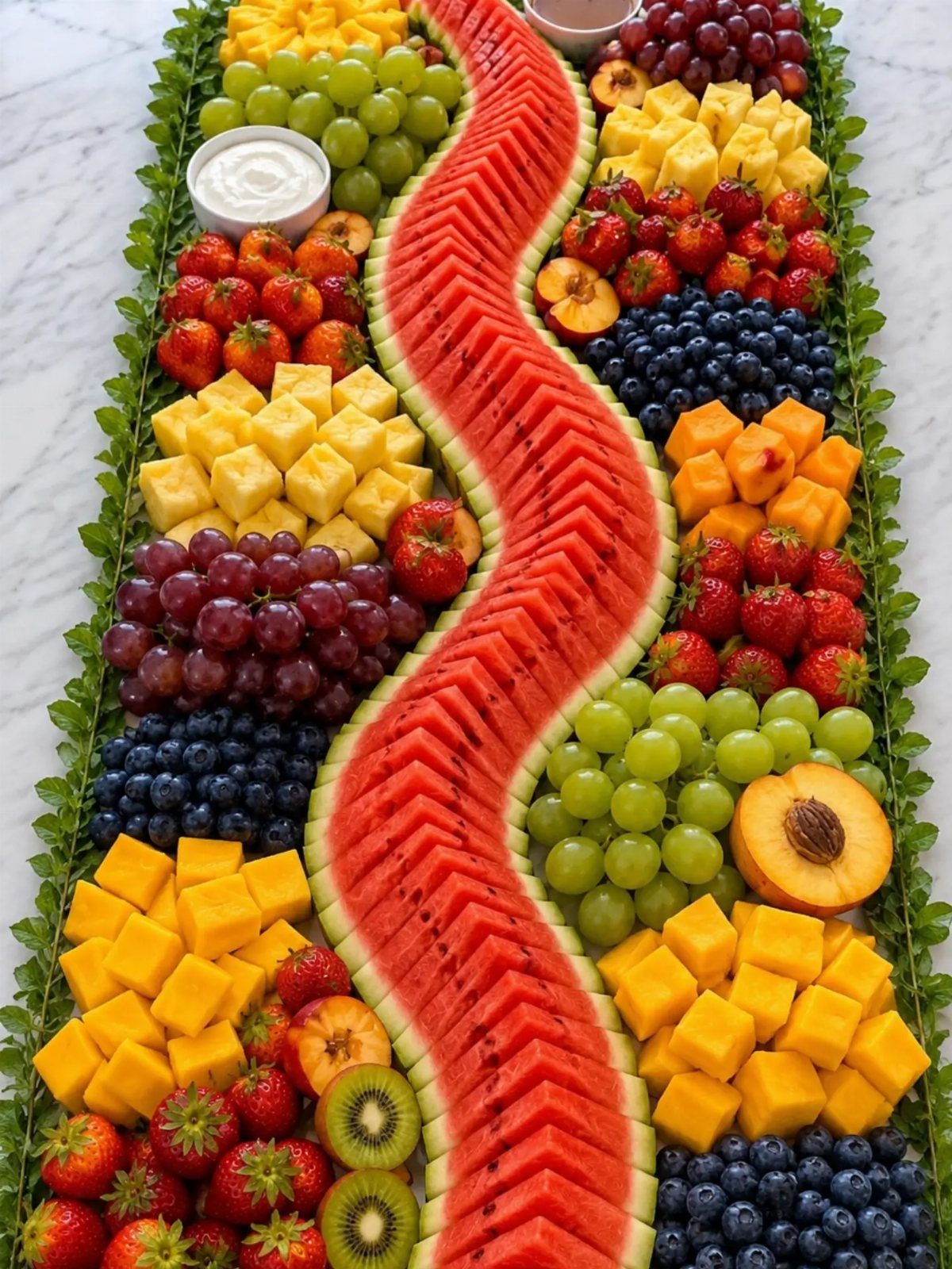 Fruit platter with a watermelon river and various fruits arranged in separate sections.