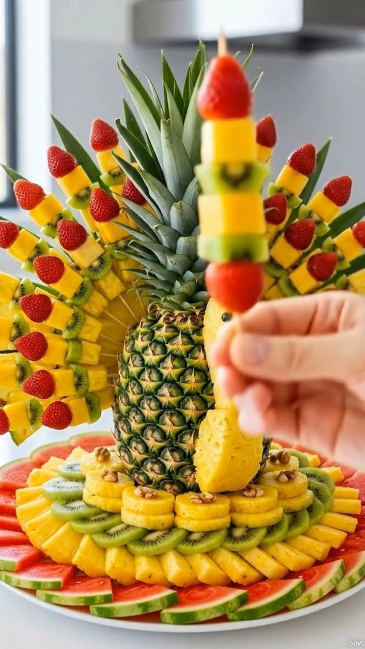 Fruit skewer held in front of an elaborate pineapple and mixed fruit platter.