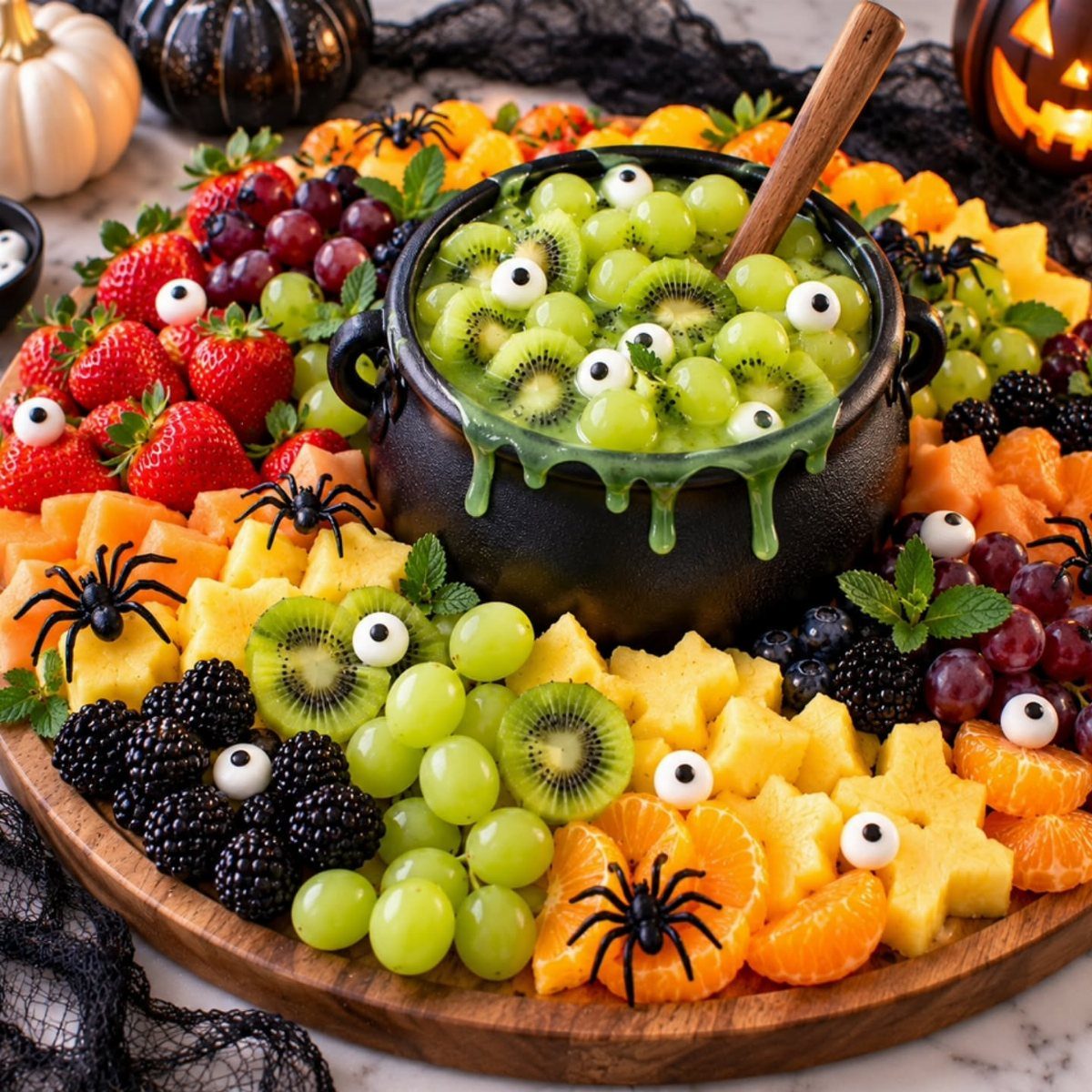 Halloween fruit platter with a black cauldron of grapes and spooky plastic spiders.