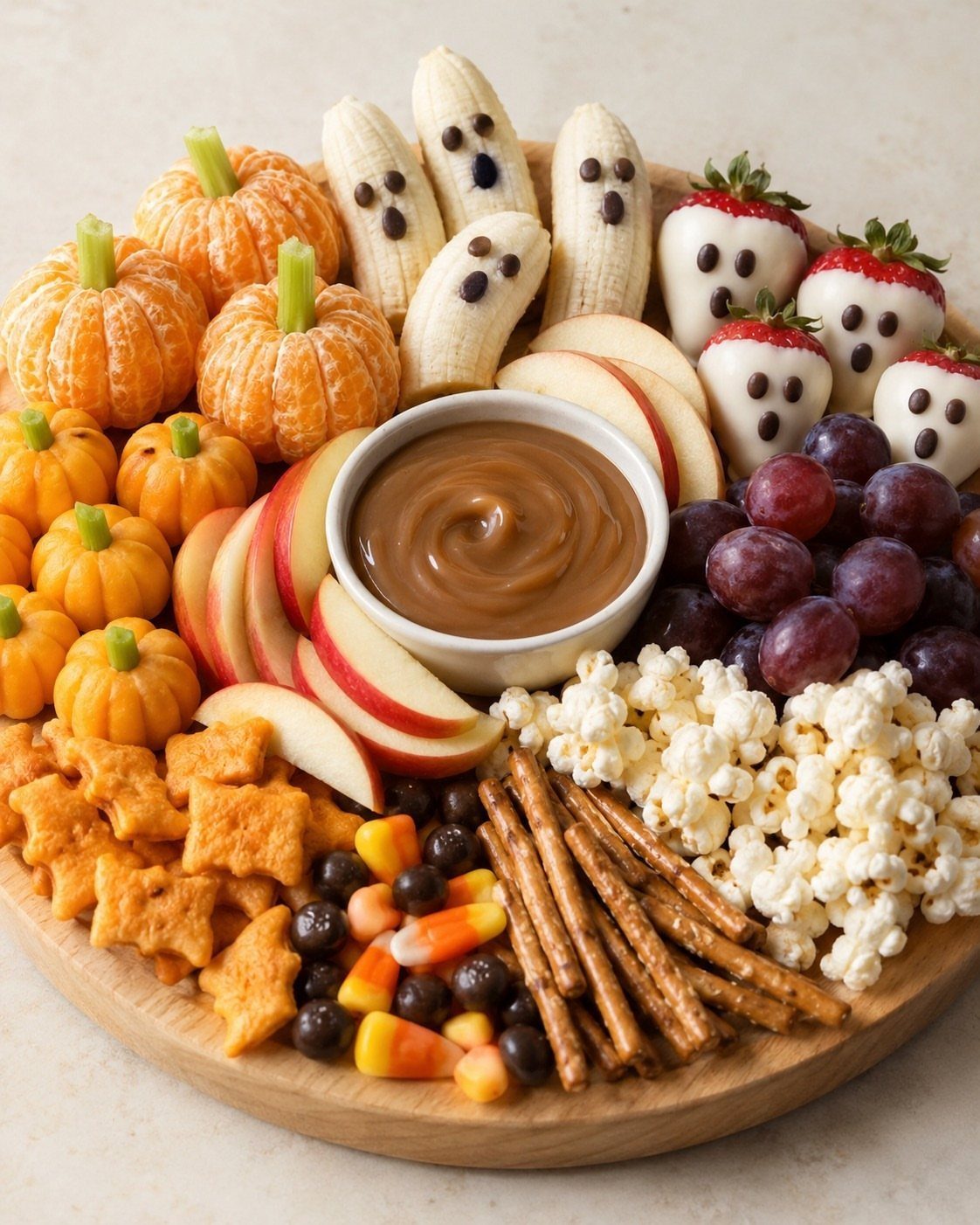 Halloween fruit and snack platter with a central bowl of brown dipping sauce.