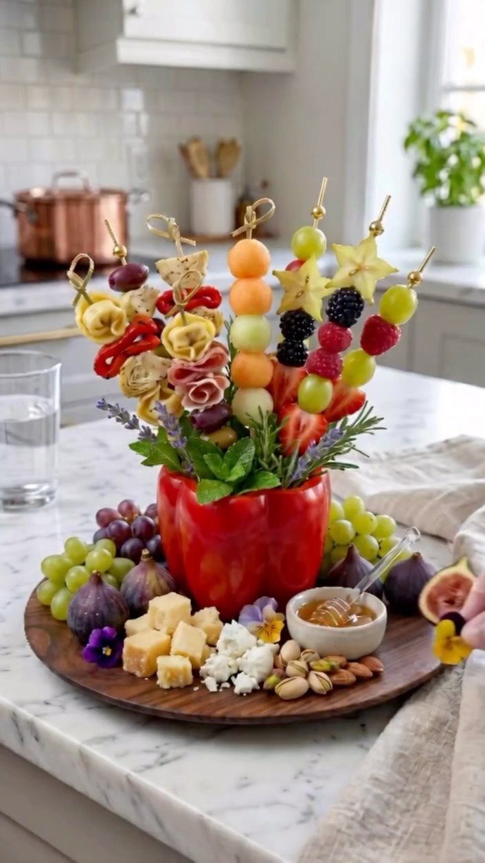 Fruit skewers in a red bell pepper with mint and rosemary sprigs on a platter.