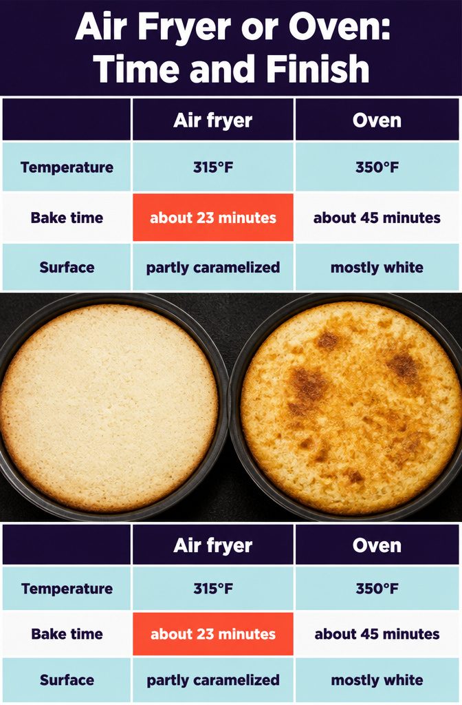 Air fryer and oven cake surfaces compared in a recipe infographic
