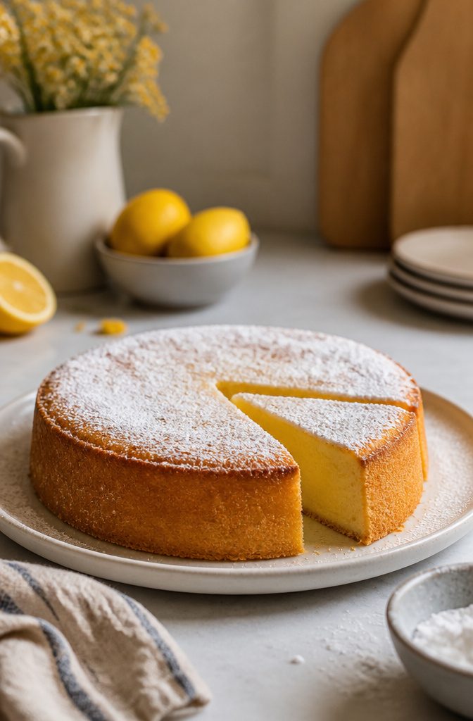 Thick plain Greek yogurt in a bowl beside a slice of lemon cake