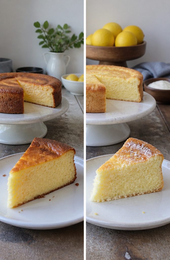 Creamy lemon yogurt cake slices beside a chilled firm slice