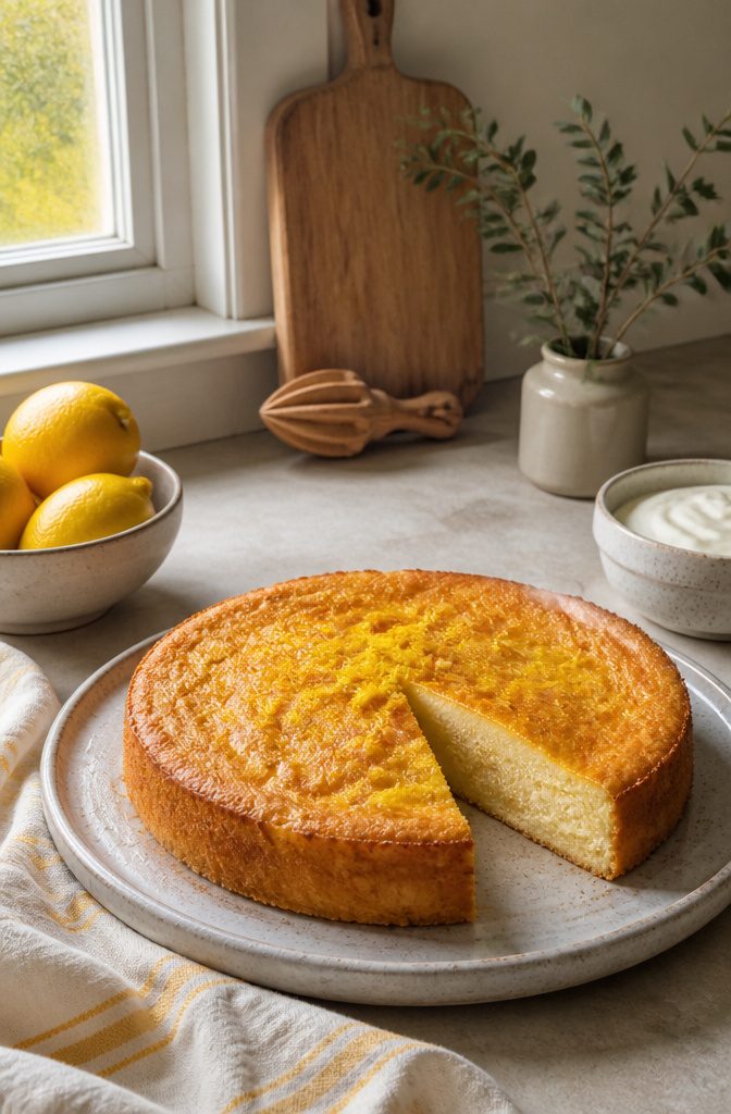 Lemon yogurt cake in its pan with edges pulling away from the sides