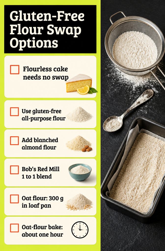 Recipe infographic listing gluten-free flour alternatives for lemon yogurt cake