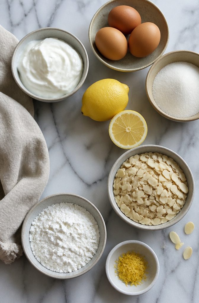 Greek yogurt cake ingredients with lemon juice, lemon zest, condensed milk, and cornstarch