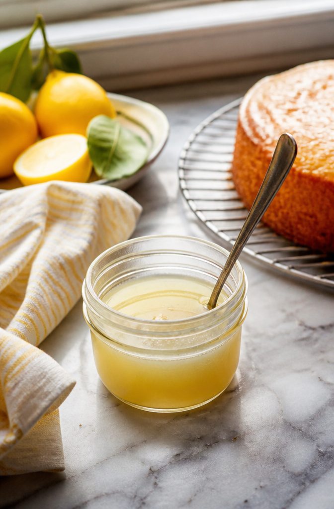 Lemon loaf receiving syrup with a bowl of powdered sugar glaze nearby