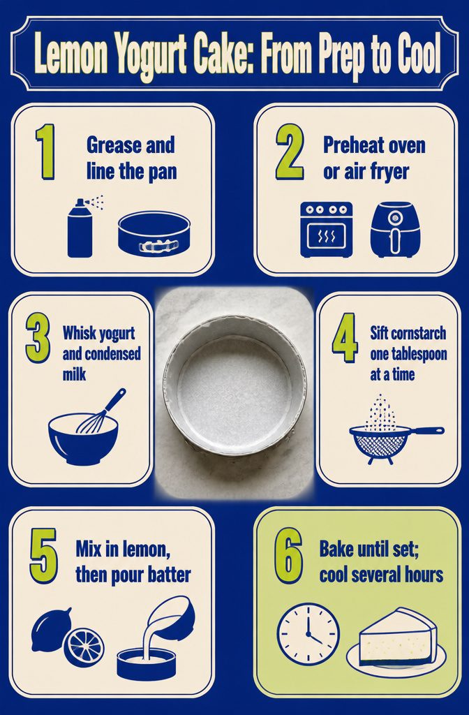 Recipe infographic with cake preparation steps and cooling instructions