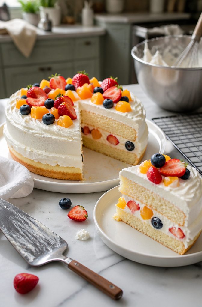 Fluffy Chinese Sponge Cake (Light and Airy Chiffon) 11 Layered Chinese sponge cake frosted with whipped cream and topped with fruit