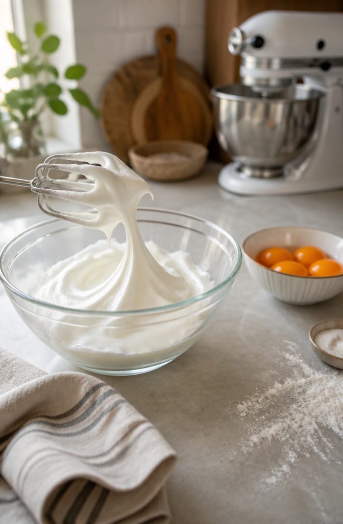 Fluffy Chinese Sponge Cake (Light and Airy Chiffon) 5 Glossy egg white meringue on beaters above a glass bowl with yolks nearby