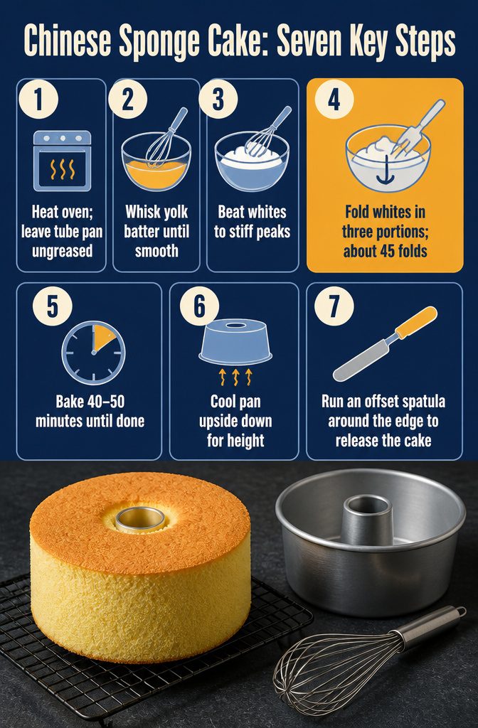 Fluffy Chinese Sponge Cake (Light and Airy Chiffon) 3 Recipe graphic listing steps for mixing and baking Chinese sponge cake