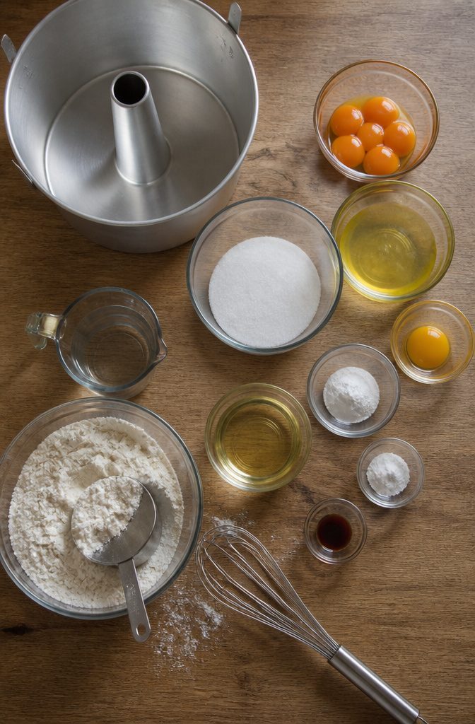 Fluffy Chinese Sponge Cake (Light and Airy Chiffon) 2 Chinese cake ingredients arranged with eggs, flour, sugar, oil and a tube pan
