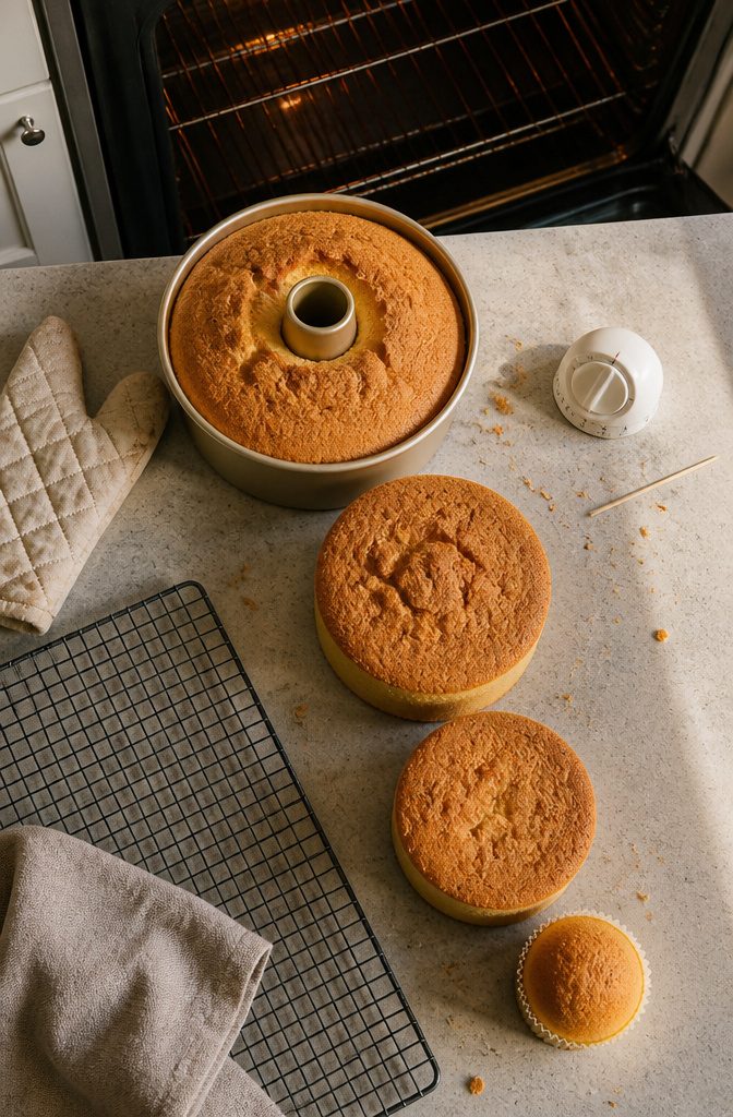 Fluffy Chinese Sponge Cake (Light and Airy Chiffon) 6 Chinese sponge cake pan options and baking times in a recipe graphic