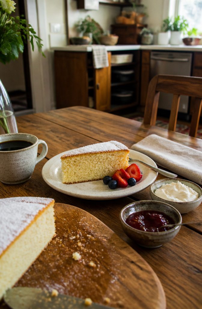Fluffy Chinese Sponge Cake (Light and Airy Chiffon) 7 Cake wedge dusted with powdered sugar beside fruit whipped cream and jam