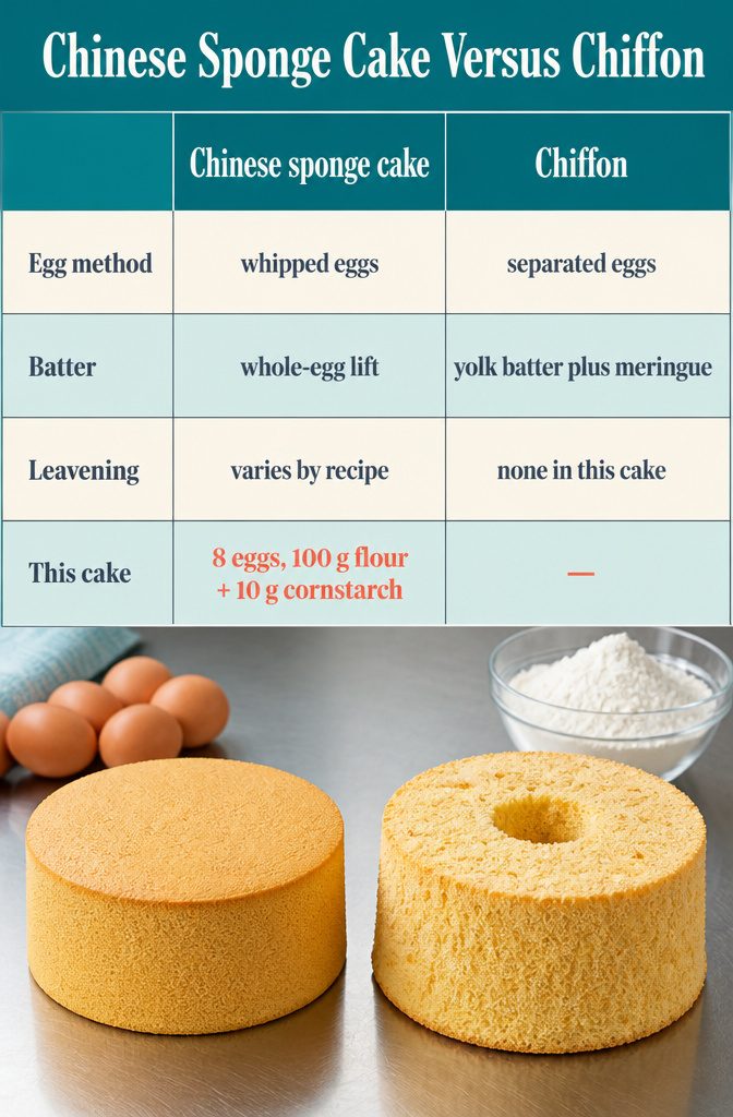 Fluffy Chinese Sponge Cake (Light and Airy Chiffon) 12 Recipe graphic comparing Chinese sponge cake with chiffon