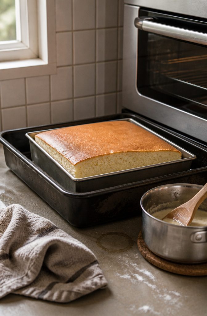 Fluffy Chinese Sponge Cake (Light and Airy Chiffon) 9 Square tang mian cake beside a roasting tray saucepan and wooden spoon