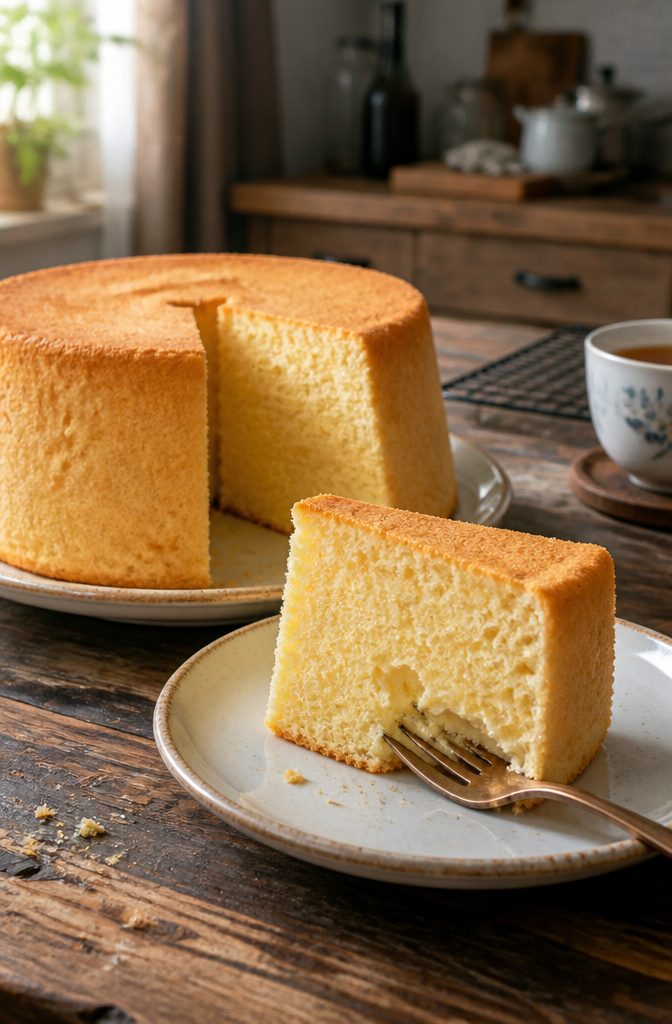 Fluffy Chinese Sponge Cake (Light and Airy Chiffon) 4 Chinese sponge cake slice with a pale tender crumb