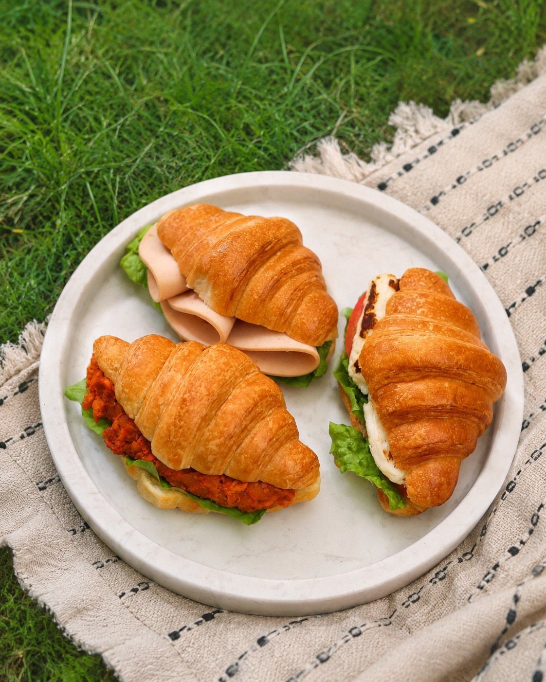 Three filled croissant sandwiches on a white plate resting on a picnic blanket.