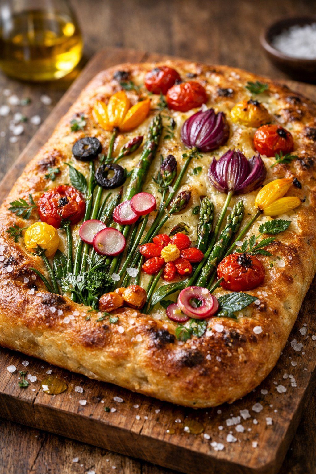 Focaccia bread decorated with vegetables to look like a garden on a wooden board.