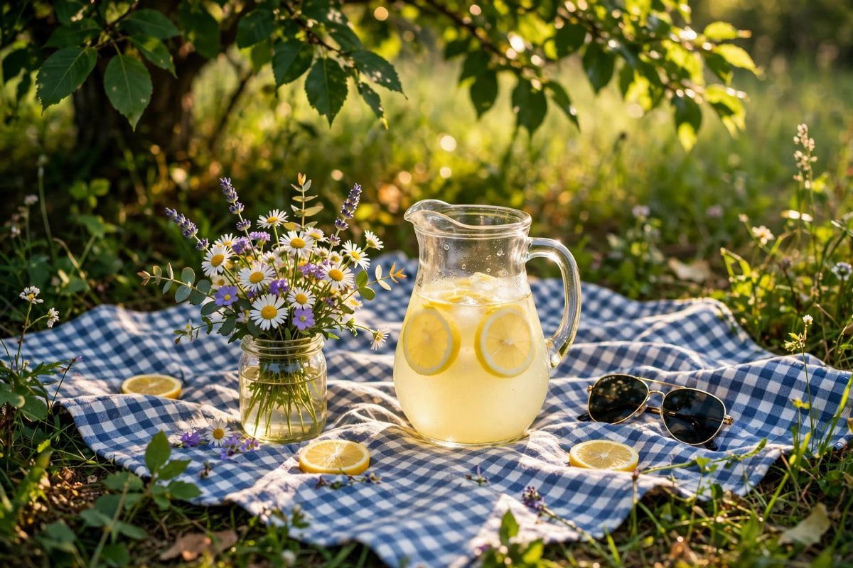 Pitcher of lemonade with lemon slices on a blue checkered picnic blanket outdoors.