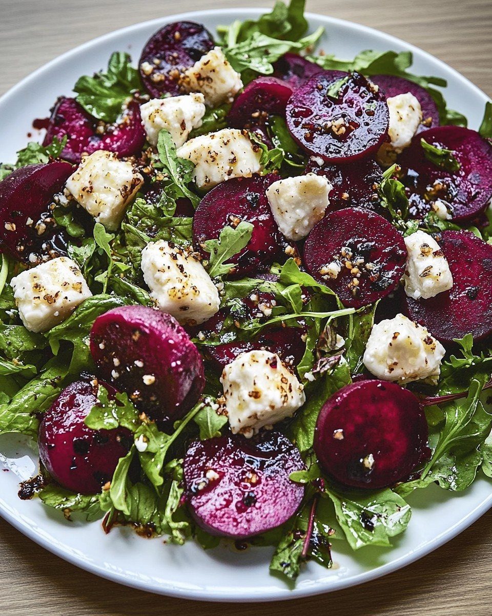 40 Food Lunch Recipes You Can Make in Minutes 41 Beetroot and goat cheese salad with arugula and balsamic glaze on a white plate