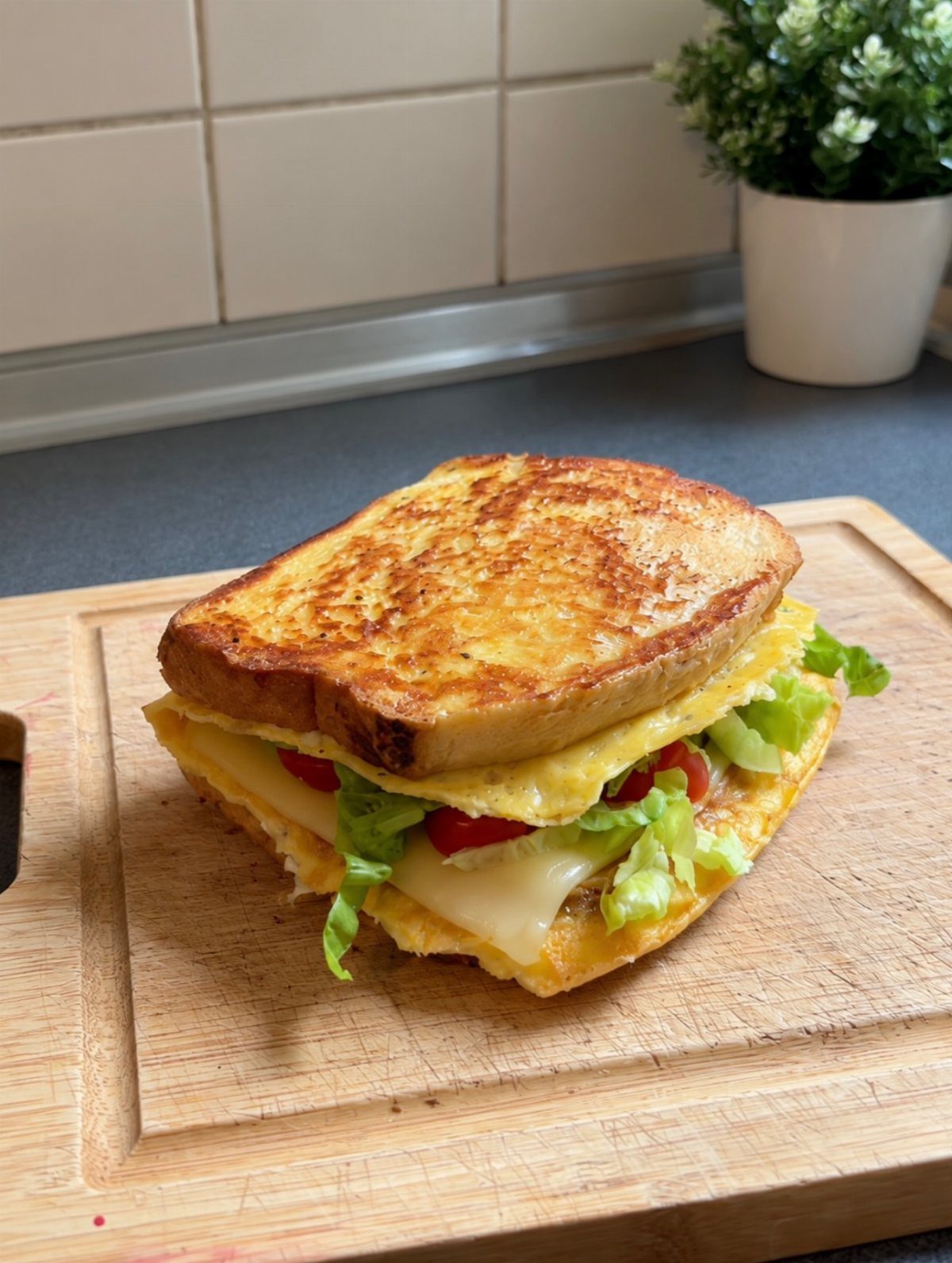 40 Food Lunch Recipes You Can Make in Minutes 39 Toasted egg and cheese sandwich with lettuce and tomato on a wooden board.