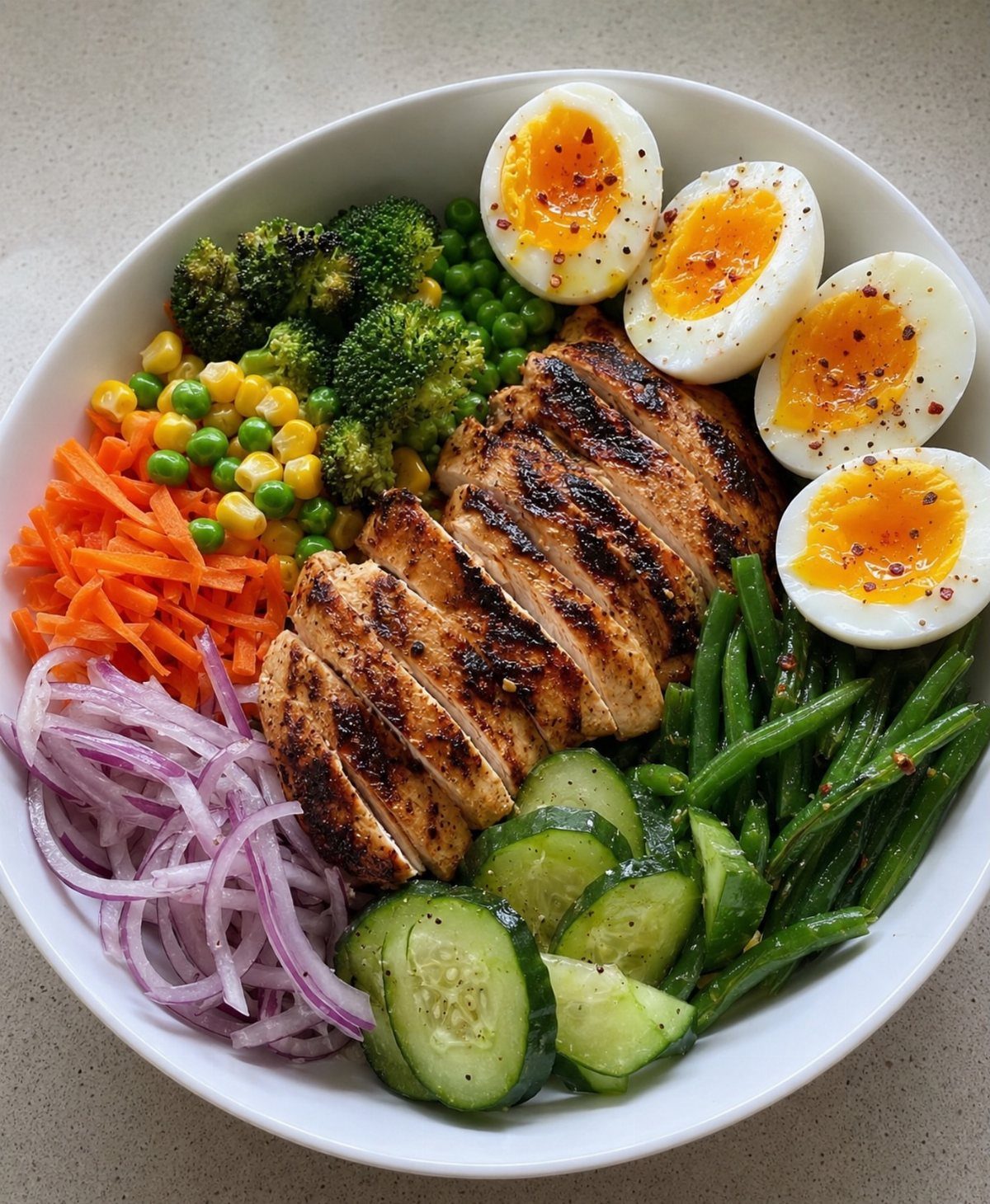 40 Food Lunch Recipes You Can Make in Minutes 28 Grilled chicken breast and hard-boiled eggs in a bowl with assorted fresh vegetables.