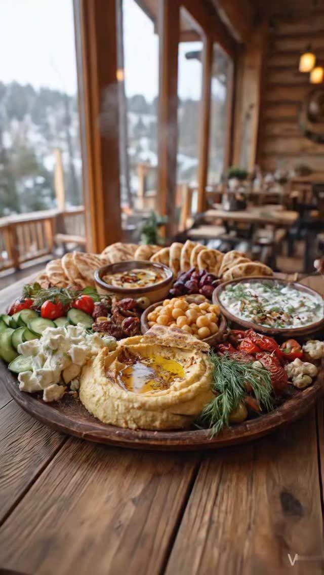 40 Food Lunch Recipes You Can Make in Minutes 37 Hummus platter with flatbreads, vegetables, and olives on a rustic wooden table.