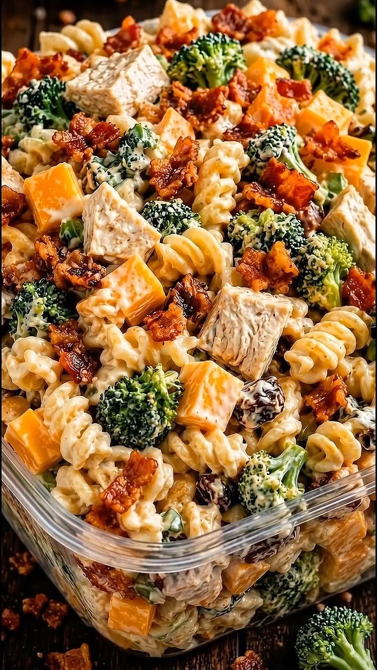 40 Food Lunch Recipes You Can Make in Minutes 9 Pasta salad with rotini, broccoli, cheddar cheese, chicken, and bacon in a plastic container.