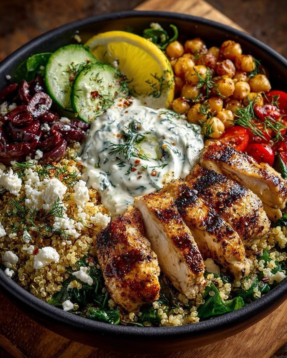 40 Food Lunch Recipes You Can Make in Minutes 21 Grilled chicken and quinoa bowl with berries, chickpeas, cucumbers, and creamy dressing.