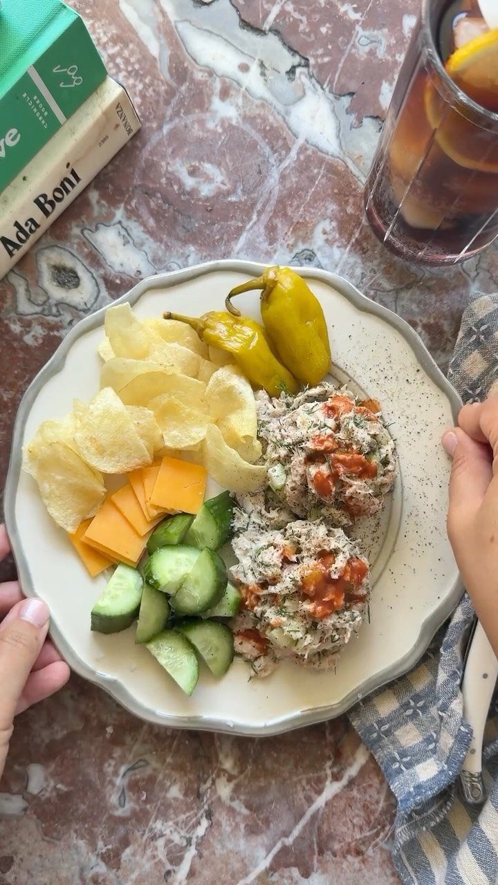 40 Food Lunch Recipes You Can Make in Minutes 8 Tuna salad scoops served with potato chips, cheese, cucumbers, and pickled peppers on a plate.