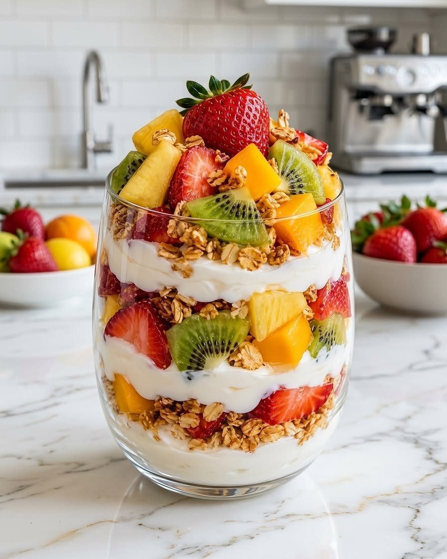 40 Food Lunch Recipes You Can Make in Minutes 35 Fruit and granola parfait with yogurt layers in a glass bowl on marble.